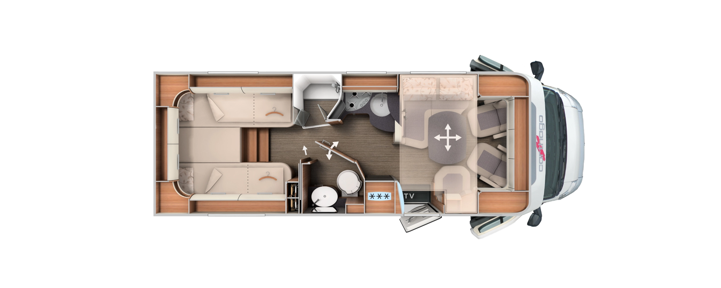 Grundriss teilintegrierter Carthago mit Längseinzelbetten, Komfort-Raumbad und Zentralhubbett