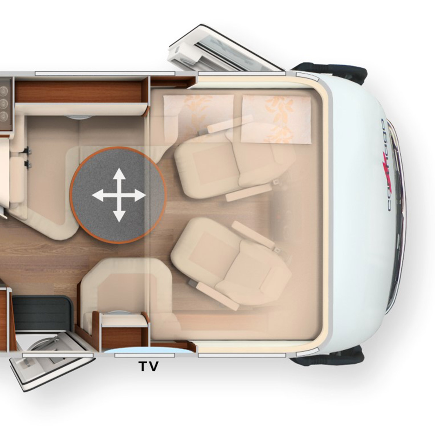 Grundriss des Wohnraums eines integrierten Wohnmobils mit der Ansicht des Hubbetts und breiter Seitensitzbank