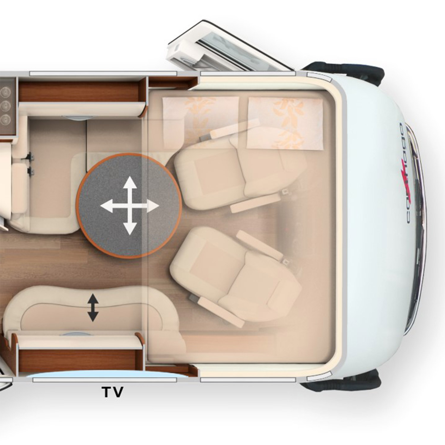 Grundriss des Wohnraums eines integrierten Wohnmobils mit der Ansicht des Hubbetts und langem Seitensofas