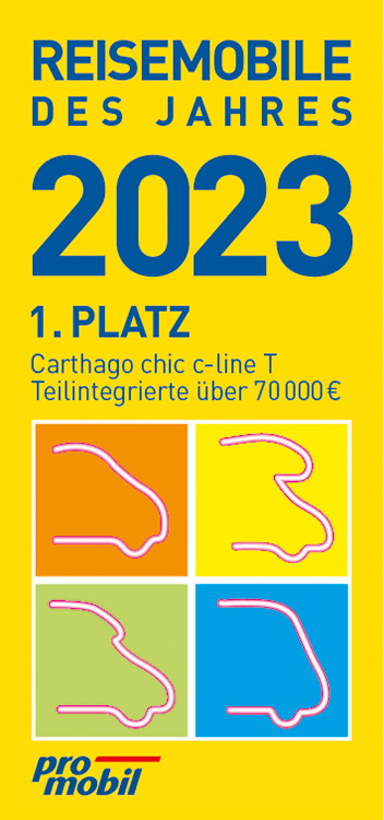 Gelbe Award-Grafik mit blauem Text: Reisemobile des Jahres 2023, 1. Platz, Carthago chic c-line T, Teilintegrierte über 70 000 €. Vier bunte Wohnmobil-Symbole und das promobil-Logo am unteren Rand.