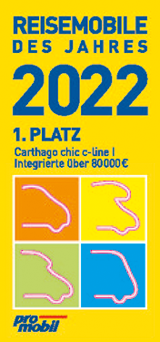 Preisgrafik mit Text: Reisemobile des Jahres 2022, 1. Platz, Carthago chic c-line I, Integrierte über 80.000€. Unten vier bunte Icons mit Umrissen von Reisemobilen, unten links das promobil-Logo.
