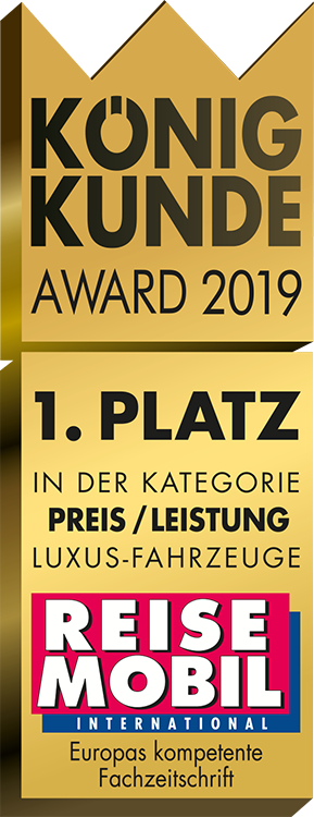 Goldplakette mit dem König Kunde Award 2019, 1. Platz in der Kategorie Preis/Leistung Luxus-Fahrzeuge, und dem Logo der europäischen Zeitschrift Reise Mobil International.