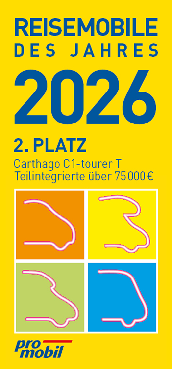 Eine gelbe Auszeichnungstafel mit fetter blauer Schrift: Reisemobile des Jahres 2026, 2. Platz. Darunter steht Carthago C1-tourer T Teilintegrierte über 75.000 € und hat vier bunte Autosymbole und das promobil-Logo.