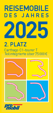 Eine gelbe Award-Grafik mit der Aufschrift Reisemobile des Jahres 2025, 2. Platz mit einem bunten Raster aus abstrakten Reisemobilumrissen und dem promobil-Logo. Im Text wird der Carthago C1-tourer T erwähnt, über 75.000 €.