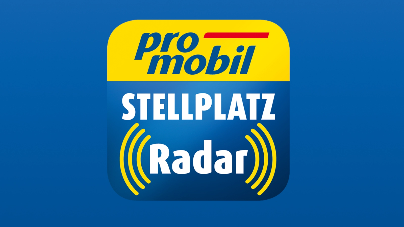 Das Bild zeigt das Logo für promobil STELLPLATZ Radar mit gelber und weißer Schrift auf blauem Hintergrund, mit Radarsignalgrafik um das Wort Radar - perfekt für jeden wohnmobil- oder reisemobil-Begeisterten.