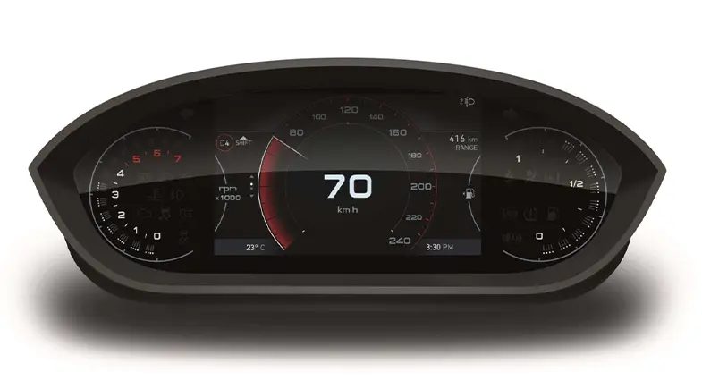 Den digitala angivelsen på instrumentbrädan i en Fiat Ducato-husbil visar en hastighet på 70 km/h, en varvtalsmätare med 2 100 varv per minut, en tankangivelse, en temperatur på 23°C, tiden 20:30 och en återstående räckvidd på 416 km.