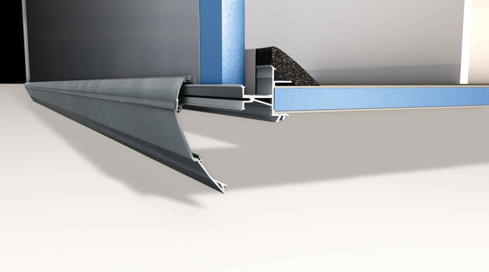 Technische 3D-Schnittgrafik der unteren Verbindung zwischen Seitenwand und Boden eines Wohnmobils. Die Darstellung zeigt ineinandergreifende Aluminiumprofile, eine dicke blaue Isolationsschicht und eine graue Außenschürze, die bündig mit dem Fahrzeugaufbau abschließt.
