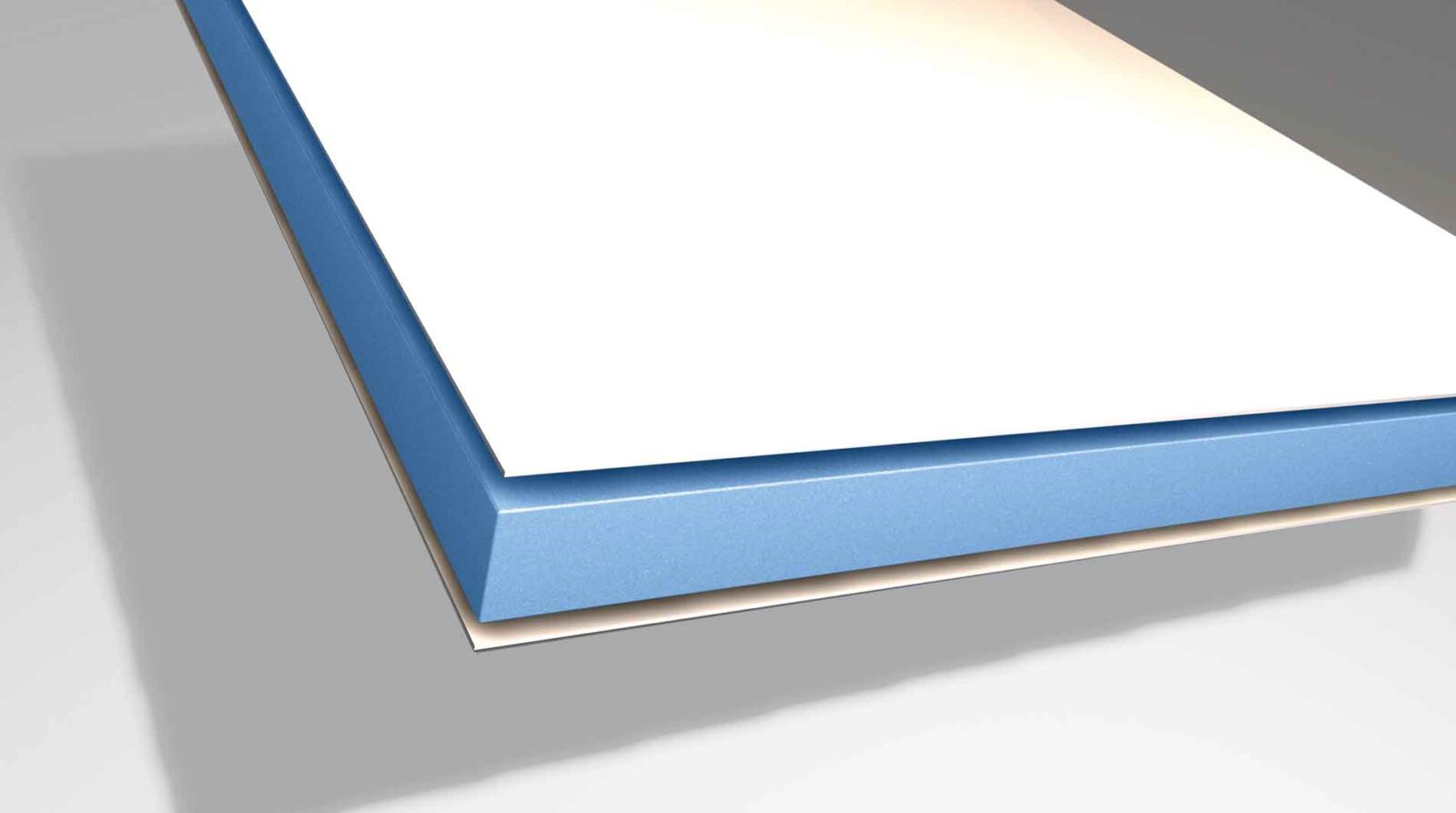 Ein digitales Rendering einer geschichteten Platte in einem vollintegrierten Wohnmobil zeigt eine weiße Oberseite, eine dicke blaue Mittelschicht und eine dünne weiße Unterseite, was auf eine fortschrittliche Isolierung oder ein Verbundmaterial für optimalen Komfort hindeutet.