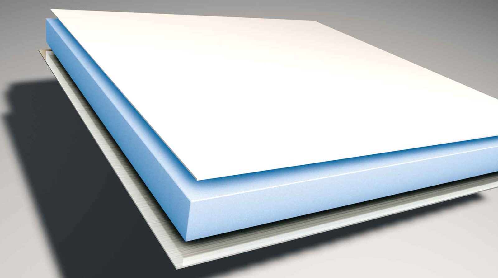 Nahaufnahme eines isolierten Bauteils im Wohnmobilbau mit einer hellen, glatten Oberfläche und präzisen Steppnähten. Im Vordergrund ist ein grob gewebtes, graues Material zu sehen, das als Schutzschicht oder Verkleidung dient.