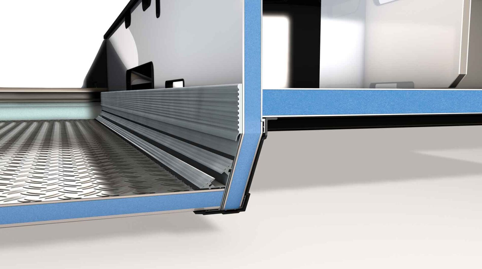 Diese 3D-Schnittgrafik zeigt die Konstruktion einer abgesenkten Rollergarage im Heck eines Wohnmobils. Man erkennt den stabilen Boden aus Riffelblech, die blaue Hartschaum-Isolierung in den Wänden und die massiven Aluminiumprofile, die für eine hohe Traglast und Stabilität sorgen.
