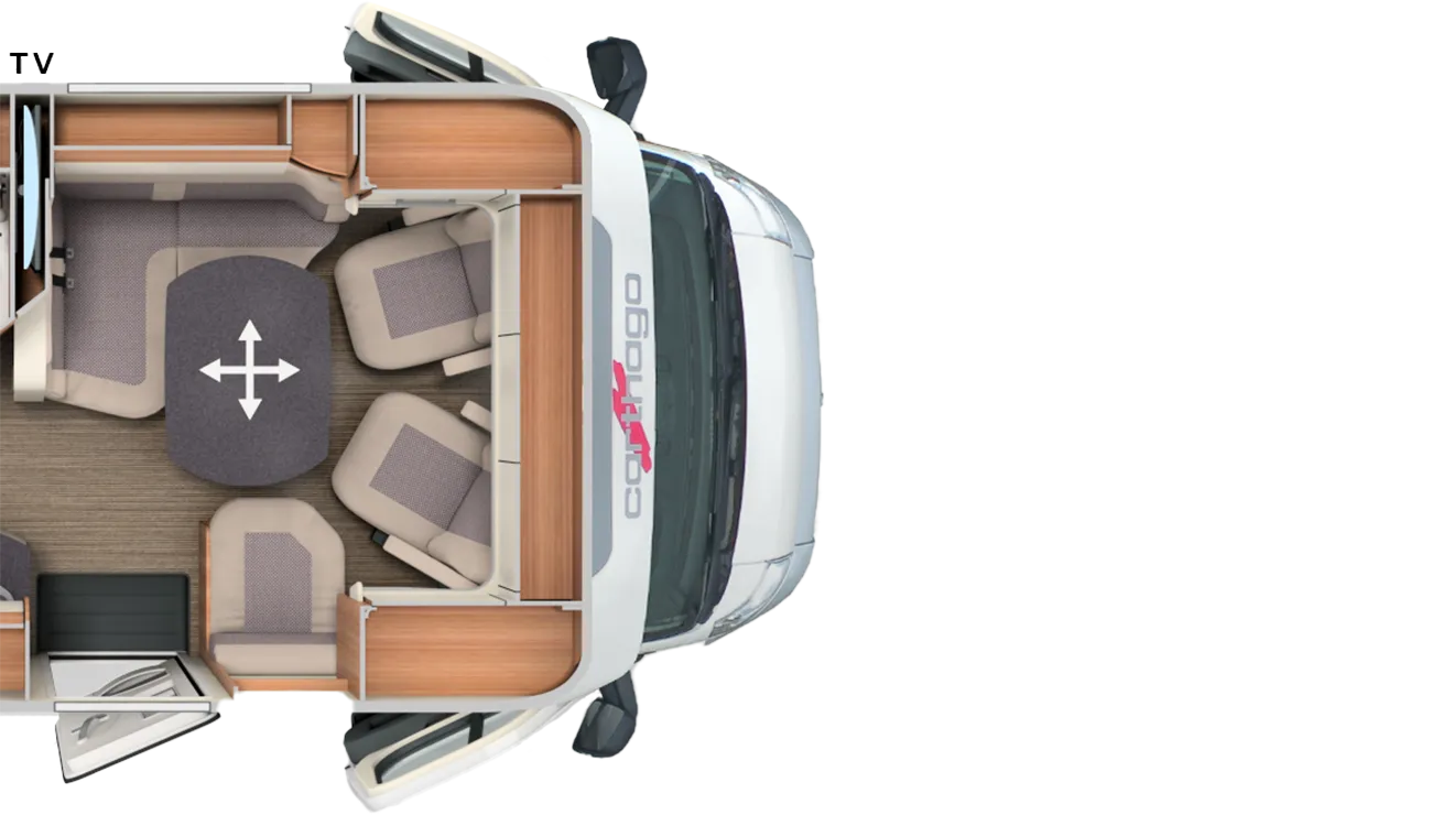 Draufsicht auf den vorderen Innenraum eines teilintegrierten Wohnmobils mit einem runden Esstisch, der von vier gepolsterten Sitzen und dem Fahrerhaus umgeben ist; zu sehen sind holzgetäfelte Wände und beigefarbene Polsterung.