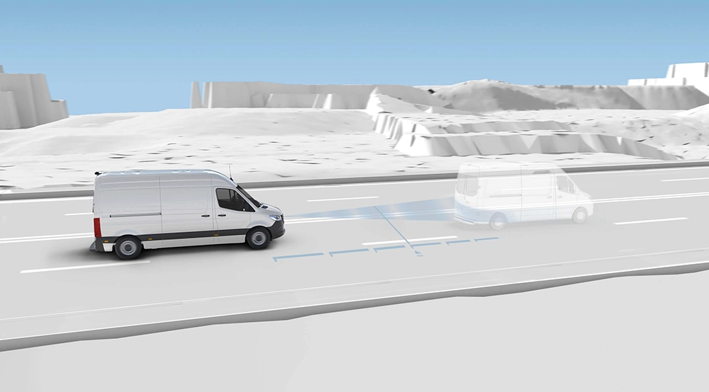 A white Mercedes motorhome is travelling on a road with several lanes and following a blurry, ghostlike delivery van, illustrating an advanced driver assistance system for maintaining a safe distance, against a minimalist, abstract backdrop.