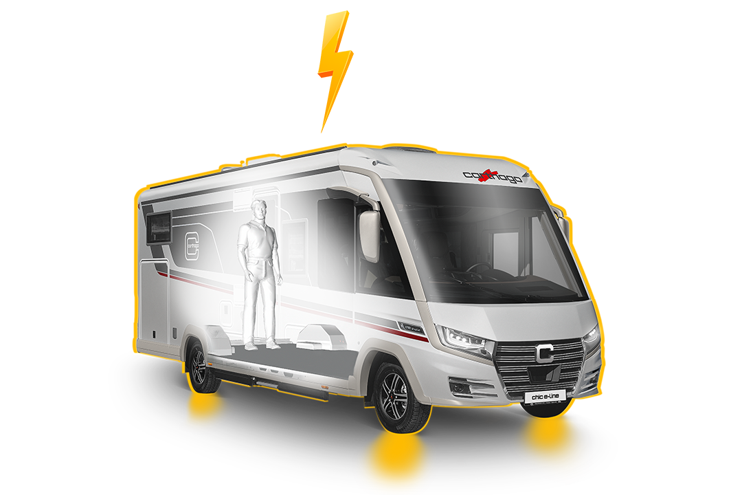 L’immagine di un camper bianco mette in risalto il design delle carrozzerie per camper; un lato semitrasparente del veicolo mostra una figura umana in piedi all’interno. Il camper è contornato di giallo e sovrastato da un fulmine giallo, che suggerisce elettricità o corrente.