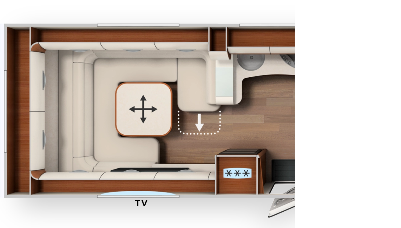 Draufsicht auf den Innenraum eines Carthago Liner-for-Two-Wohnmobils mit einer L-förmigen Couch um einen beweglichen Tisch, einer Küchenzeile mit Spüle und Herd und Holzfußboden. Ein Pfeil zeigt den Bewegungsraum in der Nähe des Tisches.