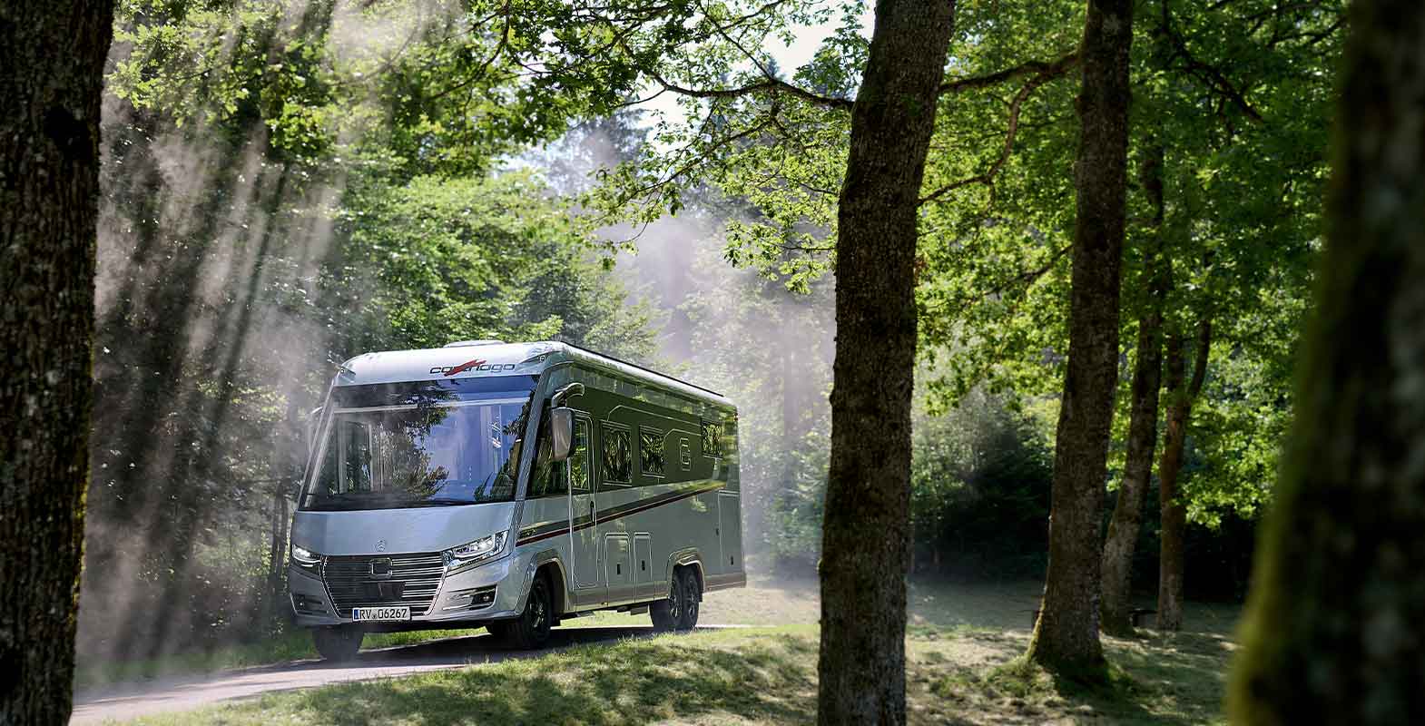 En sølvfarget bobil kjører langs en solbelyst, trekledd sti i en frodig, grønn skog, med sollyset som filtrerer gjennom grenene og tåken i luften.