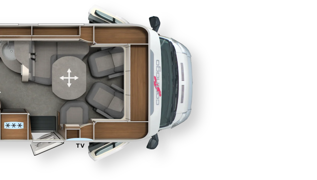 Draufsicht auf das Innere eines Carthago Chic C-Line T Wohnmobils mit einem runden Tisch mit vier Sitzen, Holzschränken, Küchenbereich mit Herd und einem Teil der Fahrerkabine, alles vor einem schwarzen Hintergrund.