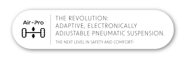 Logo and diagram of a vehicle suspension system next to German text: Revolutionary: adaptive, electronically controlled pneumatic suspension for Iveco Daily motorhomes. A real plus in terms of safety and comfort!