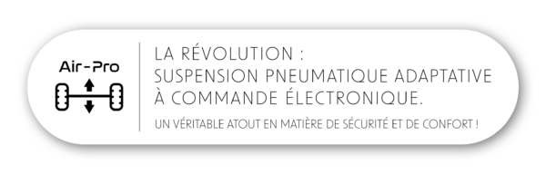 Logo et schéma d’une suspension de véhicule à côté du texte en français : La révolution : suspension pneumatique adaptative à commande électronique pour camping-cars Iveco Daily. Un véritable atout en termes de sécurité et de confort !