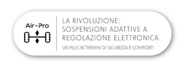 Logo e schema di una sospensione pneumatica accanto al testo in tedesco: La rivoluzione: sospensioni adattive a regolazione elettronica per camper Iveco Daily. Un plus in termini di sicurezza e comfort!
