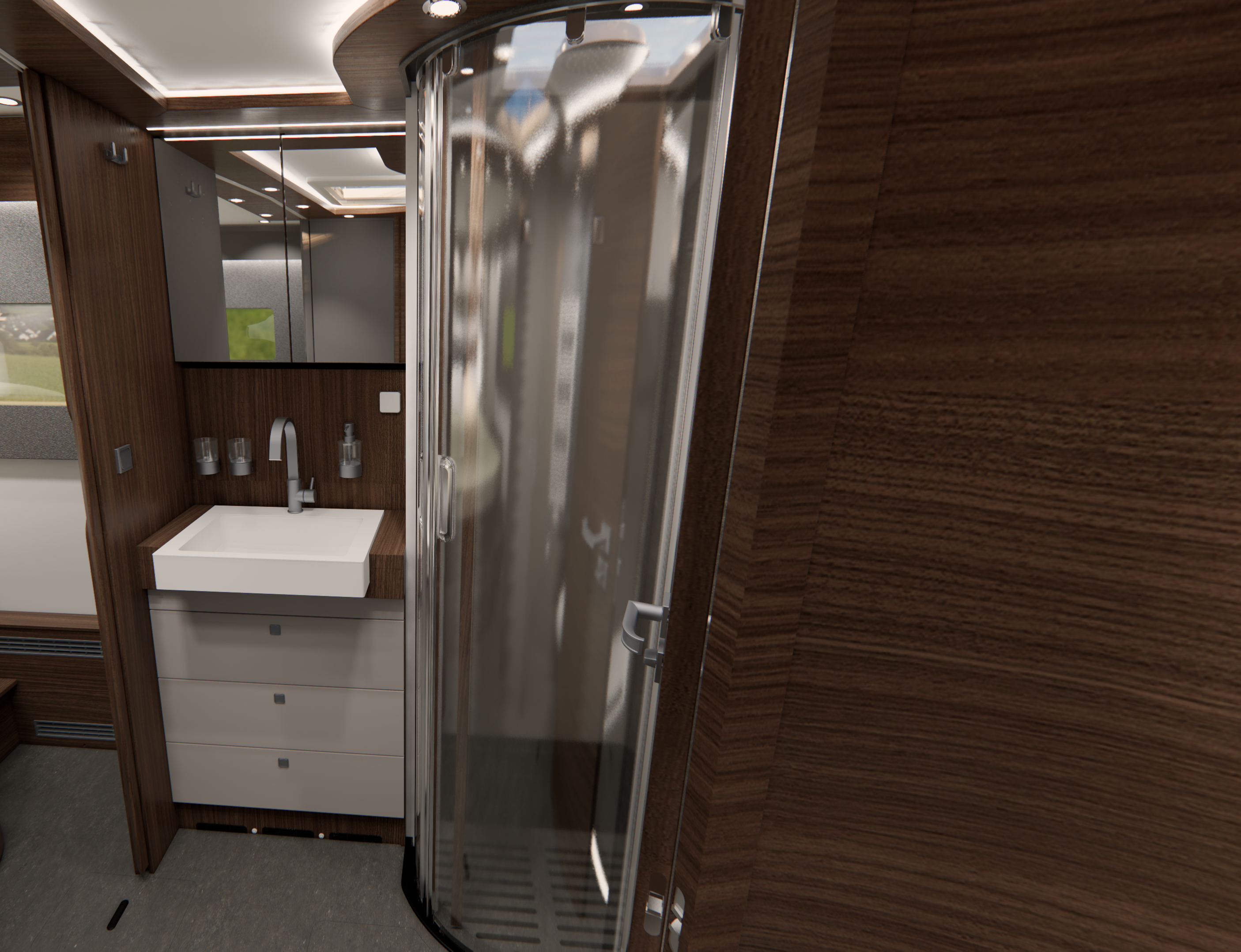 Modernes Wohnmobil-Badezimmer mit dunklen Holzwänden, einem weißen Waschbecken und einer weißen Arbeitsplatte, Spiegelschränken sowie einer Duschkabine aus gebogenem Glas mit einem verchromten Griff.