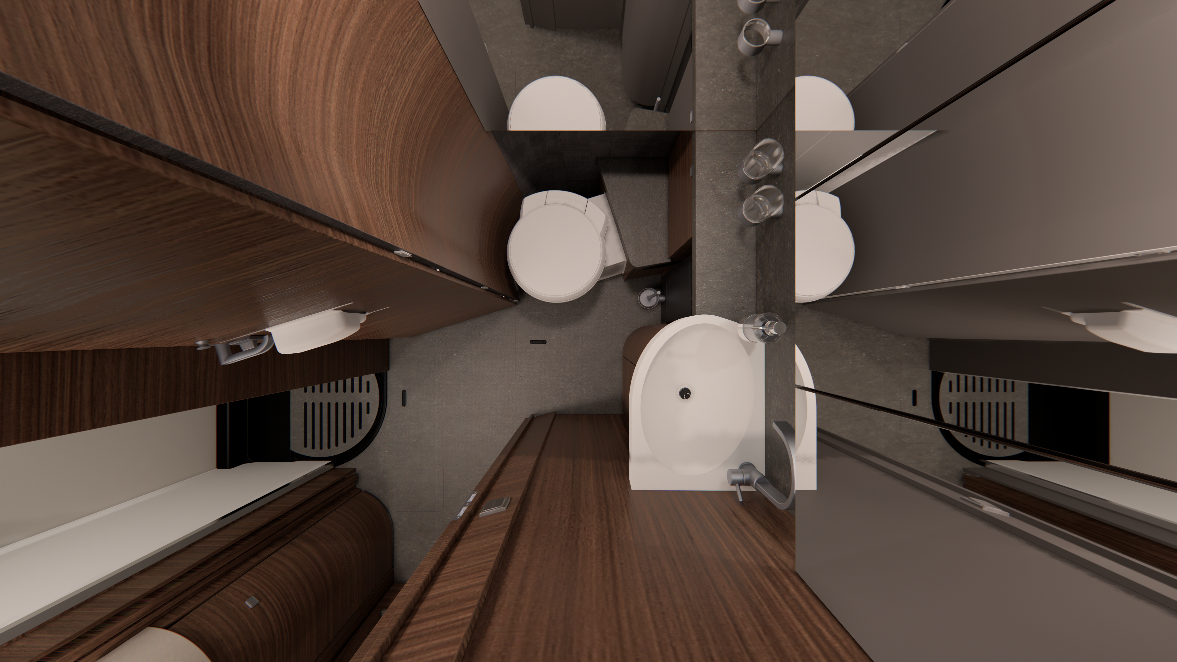 Draufsicht auf ein kompaktes Badezimmer mit Toilette, Waschbecken, Spiegeln und Holzschränken. Oberflächen und Spiegelungen lassen den Raum komplex und beengt wirken.