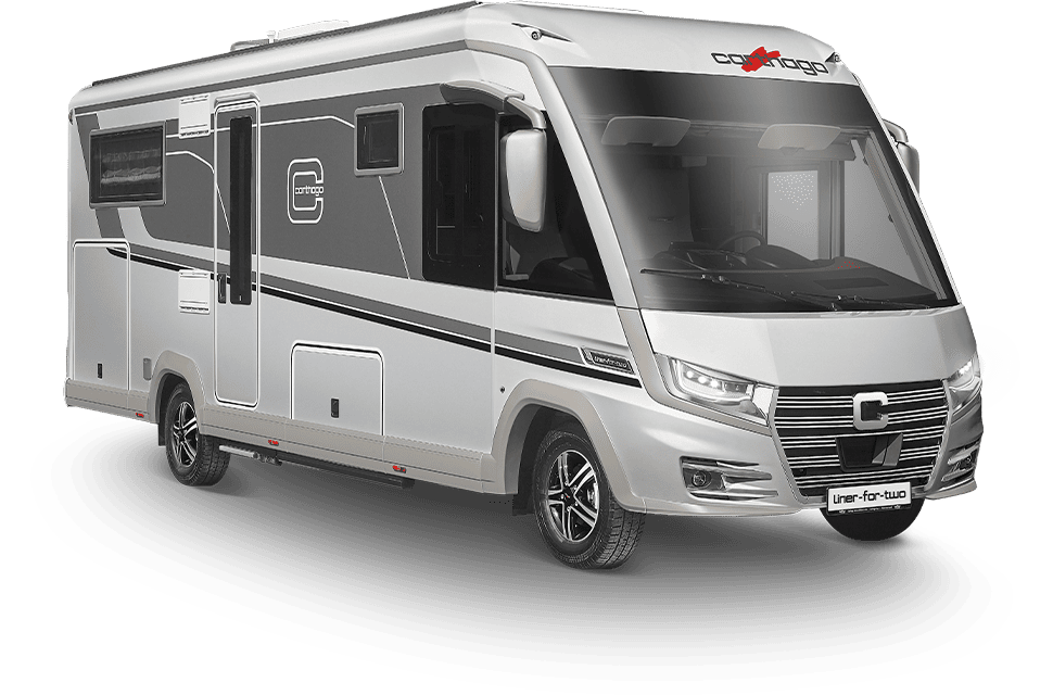 Ein modernes, silber-schwarzes Wohnmobil mit großen Fenstern und schnittigem Design, das vor einem weißen Hintergrund geparkt ist.