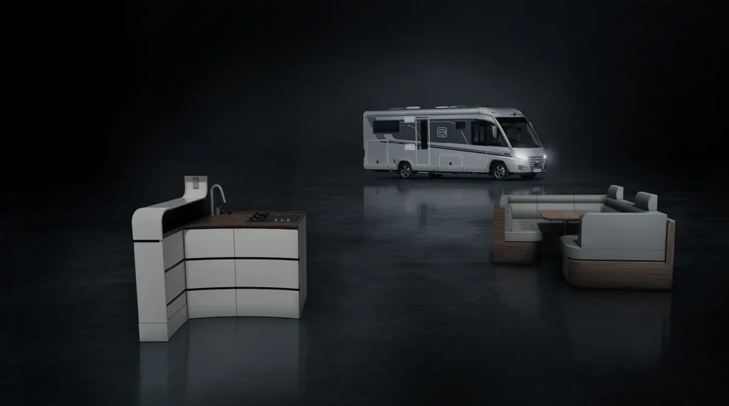 Im Hintergrund steht ein modernes Wohnmobil auf einem dunklen, reflektierenden Boden, während im Vordergrund eine schlichte Küchenzeile und eine stilvolle Sitzecke separat zu sehen sind.