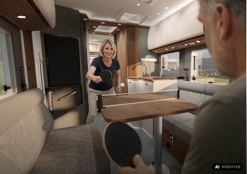 Eine Frau und ein Mann spielen Tischtennis auf einem kleinen Tisch in einem modernen Wohnmobil, im Hintergrund sind die Küche und der Sitzbereich zu sehen.