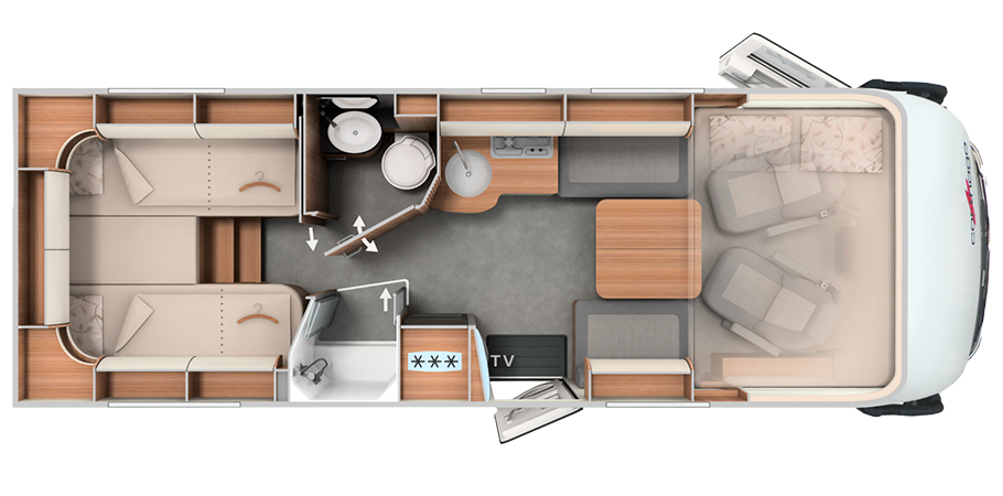 Draufsicht auf die Innenraumaufteilung eines Carthago C2-Tourer-Wohnmobils mit zwei Betten, Küche, Bad, Dusche, Essbereich, Fernseher und Fahrerkabine mit zwei Sitzen. Durchgehend in Holz und neutralen Farbtönen gehalten.