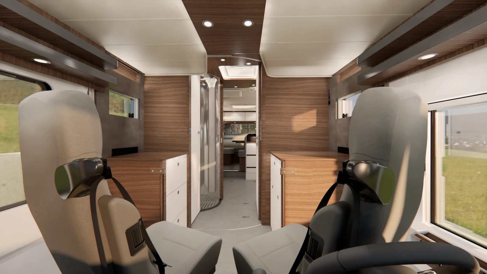 Innenansicht eines modernen Carthago Liner for Two-Wohnmobils mit zwei Vordersitzen, Holzvertäfelung, Deckenbeleuchtung, weißen Schränken und einem Durchgang, der zu einem hinteren Wohnbereich führt, dessen Fenster den Blick auf eine grasbewachsene Landschaft im Freien freigeben.
