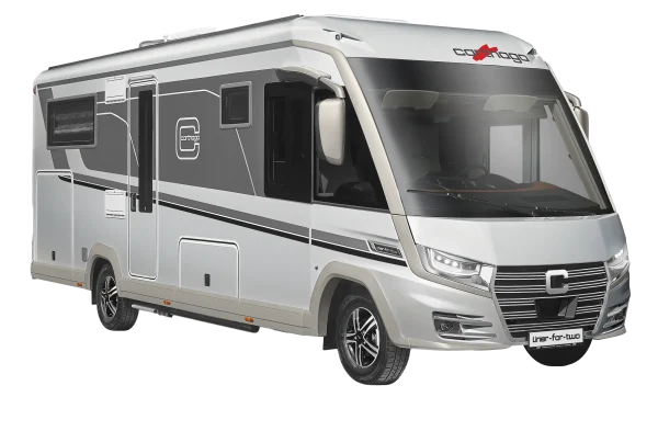 Ein modernes, silber-graues „Carthago Liner for Two“-Wohnmobil mit großen Fenstern, klaren Linien und schwarzen Akzenten, abgebildet vor weißem Hintergrund.
