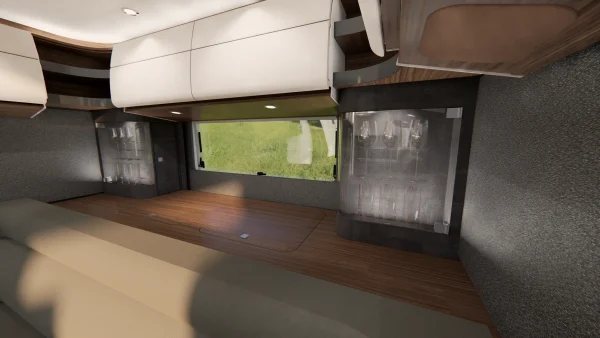Ein modernes Wohnmobil-Interieur, inspiriert vom Carthago Liner for Two, mit Holzboden, weißen Hängeschränken, einem großen Fenster mit Blick auf die Grünfläche draußen und transparenten Staufächern auf beiden Seiten. Im gesamten Raum wurden neutrale Farben verwendet, um einen zeitgemäßen Look zu erzielen.