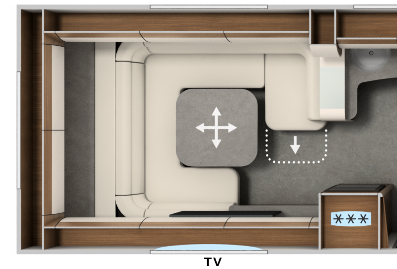 Draufsicht auf den Wohnbereich eines Carthago Liner for Two-Wohnmobils mit einem L-förmigen Sofa, einem zentralen Couchtisch, Stauschränken und einem als „TV“ gekennzeichneten Bereich. In der Nähe einer Arbeitsplatte ist ein Durchgang markiert.