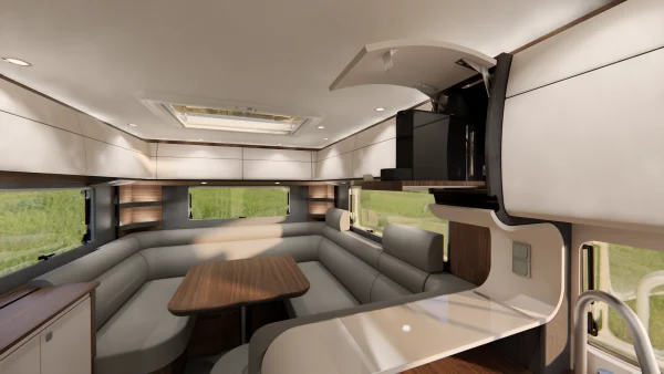 Moderne Wohnmobil-Innenausstattung, inspiriert vom Carthago Liner for Two, mit einer U-förmigen Sitzecke, einem Holztisch, großen Fenstern und Hängeschränken. Helles Tageslicht fällt durch die Fenster und ein Dachfenster herein und schafft eine gemütliche, großzügige Atmosphäre.