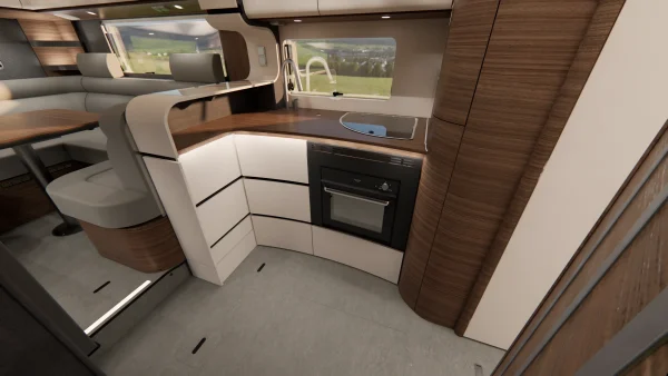 Moderne Wohnmobilküche in einem Carthago Liner for Two mit Schränken in Holzoptik und Weiß, einem Einbaubackofen, einer Spüle und einer geschwungenen Arbeitsplatte. Ein großes Fenster über der Spüle lässt Tageslicht herein und bietet einen Blick auf die Landschaft.