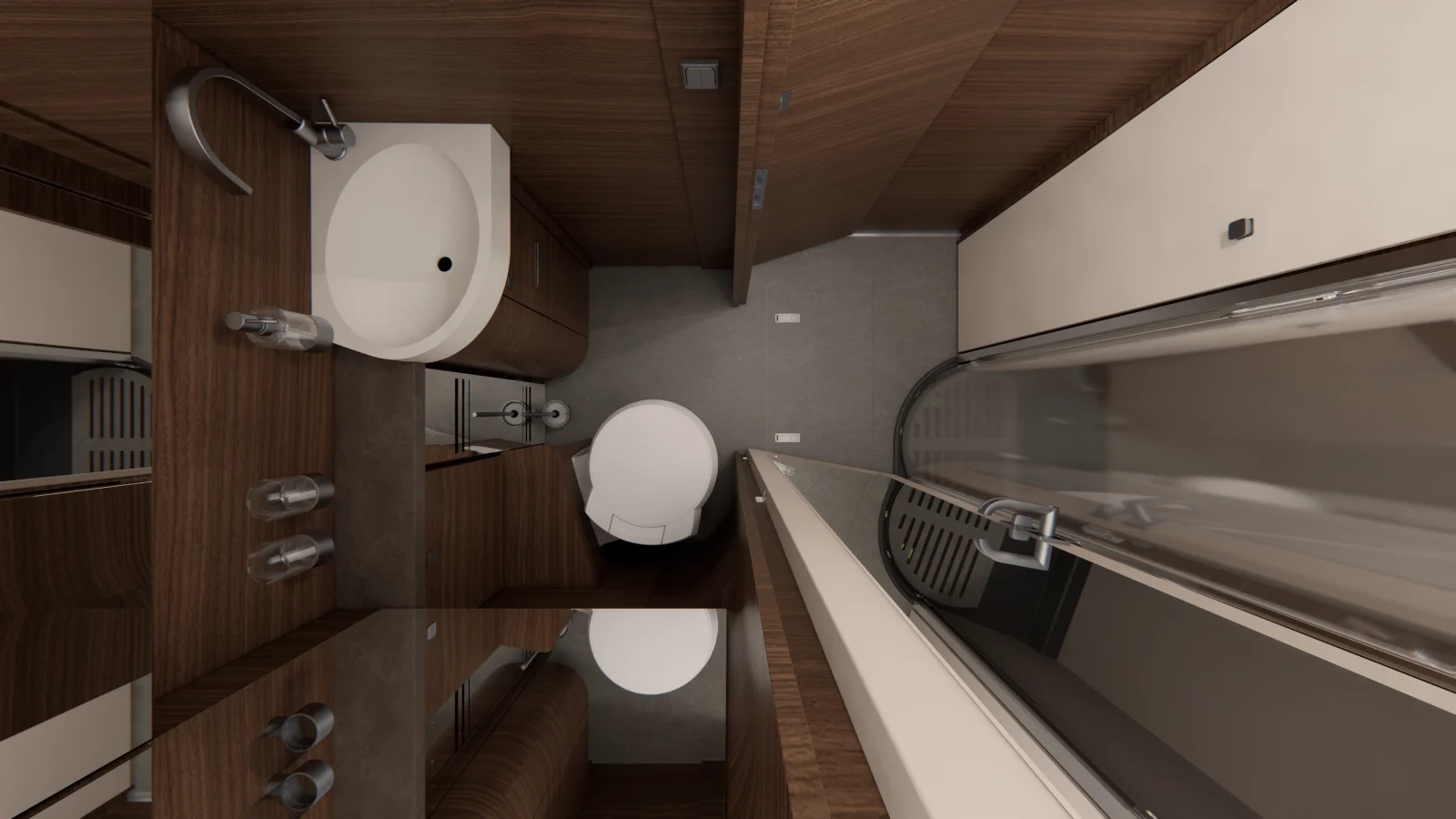 Draufsicht auf ein kompaktes, modernes Badezimmer mit rundem Waschbecken, Toilette, Holzschränken und einer Duschkabine aus Glas – ganz ähnlich wie die platzsparenden Grundrisse im Carthago Liner for Two. Der Raum ist in neutralen Farbtönen gehalten und nutzt jeden verfügbaren Zentimeter optimal aus.