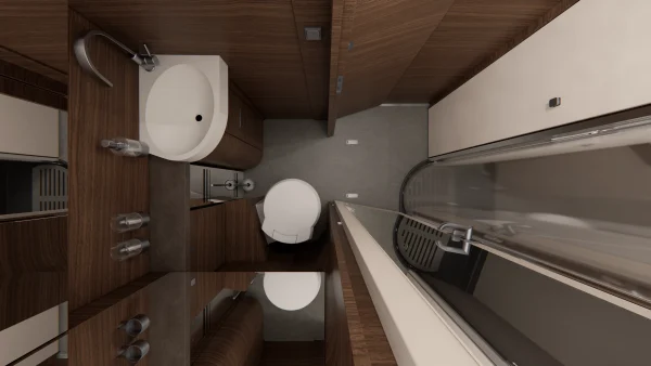 Draufsicht auf ein kompaktes, modernes Badezimmer mit rundem Waschbecken, Toilette, Holzschränken und einer Duschkabine aus Glas – ganz ähnlich wie die platzsparenden Grundrisse im Carthago Liner for Two. Der Raum ist in neutralen Farbtönen gehalten und nutzt jeden verfügbaren Zentimeter optimal aus.