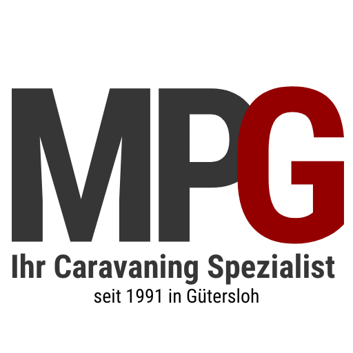 Logo mit großem „MPG“-Schriftzug, darunter „Ihr Caravaning-Spezialist“ und ganz unten „seit 1991 in Gütersloh“. Das „G“ ist rot, der übrige Text ist schwarz und grau.