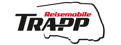 Logo für Reisemobile Trapp mit dem Firmennamen in fetten Buchstaben und einem roten Reisemobil über „TRAPP“, umrandet von der Silhouette eines Wohnmobils – ein perfektes Design, um die Aufmerksamkeit derjenigen auf sich zu ziehen, die ein Wohnmobil kaufen möchten.