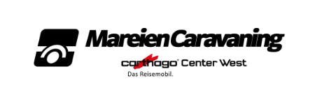 Logo mit einem schwarzen Symbol, das einen Wohnwagen darstellt, sowie den Schriftzügen „Mareien Caravaning“ und „Center West“, wobei „Carthago“ durchgestrichen ist. Darunter steht der Satz „Das Reisemobil. Starke Partner von Carthago – für Qualität und Vertrauen.“.