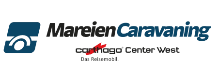 Logo für Mareien Caravaning mit einem blauen Symbol eines Wohnwagens und dem Schriftzug „Carthago Center West – Das Reisemobil“. Darunter steht: „Perfekt für alle, die ein Wohnmobil kaufen möchten.“.