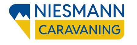 Logo mit blauem Schriftzug „Niesmann Caravaning“ auf gelb-weißem Hintergrund, links davon eine blau-weiße Berggrafik – ideal für alle, die ein Wohnmobil kaufen möchten.