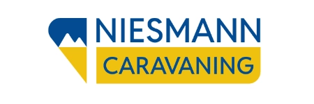 Logo für Niesmann Caravaning mit einem blau-gelben Bergsymbol auf der linken Seite und dem Schriftzug „NIESMANN CARAVANING“ in blauer Schrift auf weiß-gelbem Hintergrund. Starke Partner von Carthago – ein Symbol für Qualität und Vertrauen.