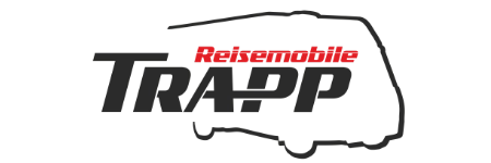 Logo für Reisemobile Trapp mit dem Schriftzug „Reisemobile TRAPP“, wobei „Reisemobile“ in Rot gehalten ist und im Hintergrund die schwarze Silhouette eines Wohnmobils zu sehen ist. Starke Partner von Carthago – für Qualität und Vertrauen.