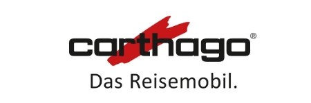 Logo mit dem Schriftzug „Carthago“ in schwarzer Schrift, darüber ein roter Pinselstrich und darunter der Slogan „Das Reisemobil.“ in schwarzer Schrift – als Symbol für „Qualität und Vertrauen“ als „Starke Partner von Carthago“.