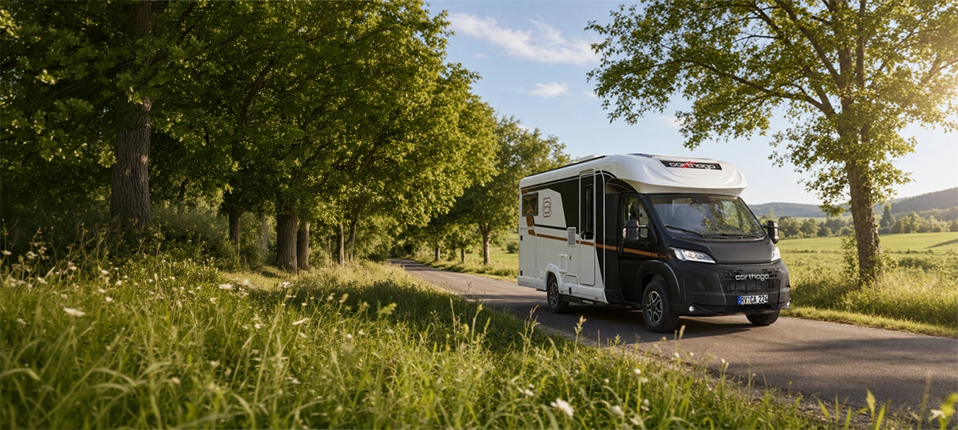 Ein schwarz-weißes, teilintegriertes Carthago c-tourer-Wohnmobil fährt auf einer von Bäumen gesäumten Landstraße.