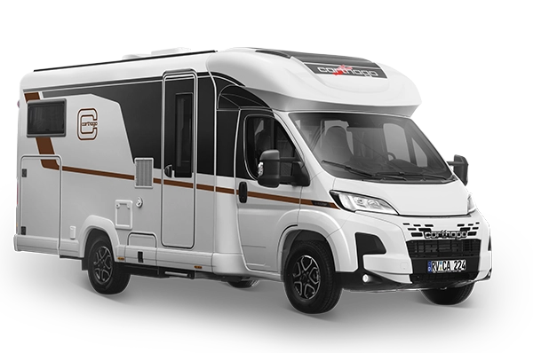 Weißer Carthago-Wohnmobil mit schwarzen und kupferfarbenen Akzenten.