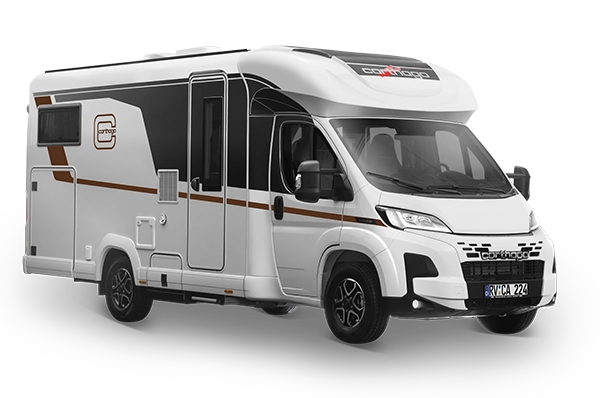 Weißes Carthago-Wohnmobil mit braunen und schwarzen Seitenaufklebern.