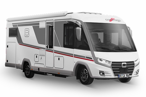 Weißes Carthago-Wohnmobil mit grauen und roten Akzenten, von vorne im Seitenansicht.